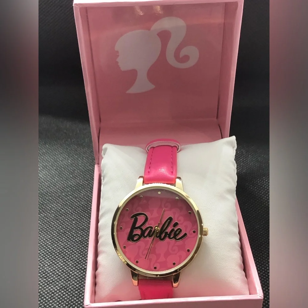 Barbie pink strap gold plated trim pink Barbie‎ logo face wrist watch new